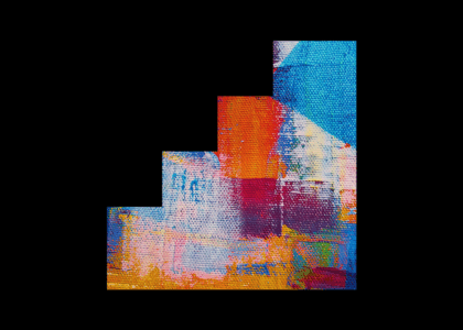 Abstract icon of three ascending steps, filled with colorful textured brushstrokes, symbolizing the First Step Formula and the beginning of growth.